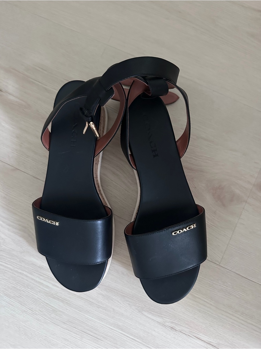 Coach Black Leather Open-Toe Ankle-Strap Sandals with Gold Logo